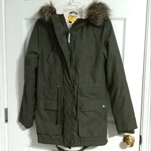 Prince &Fox fleece lined utility jacket with fur lined hood olive green sz small